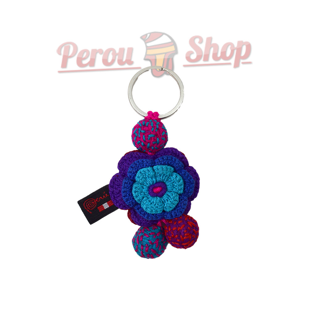 Porte-clés fleur au crochet orange et bleu