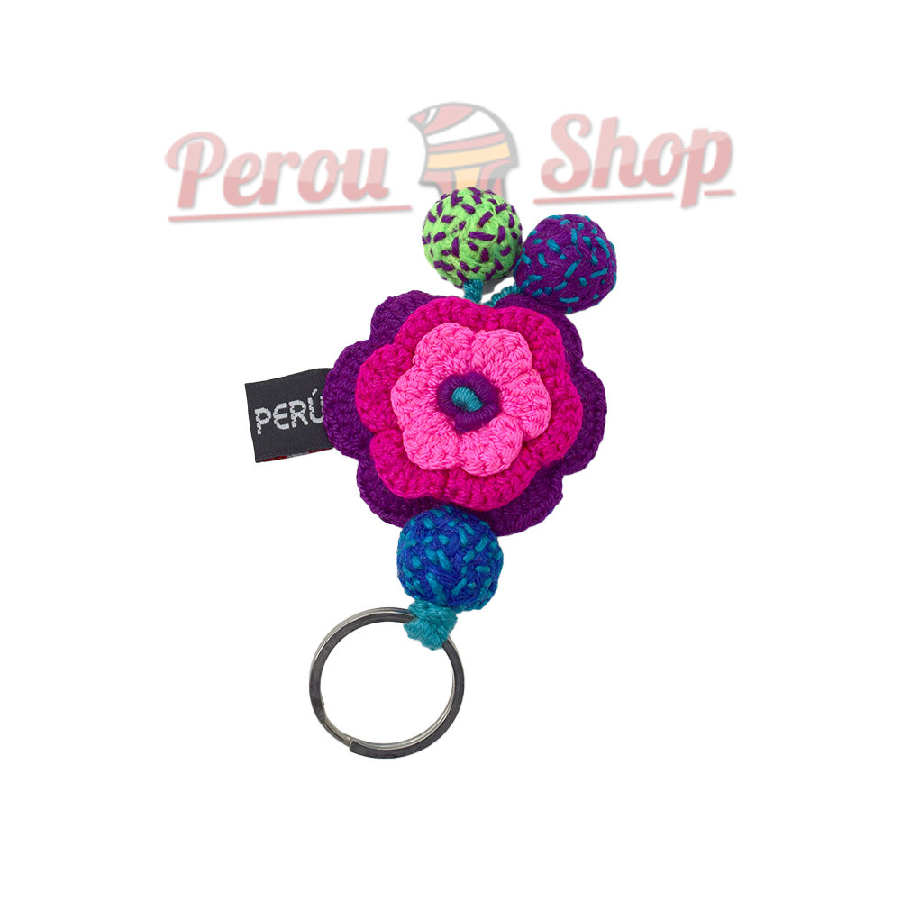 Porte-clé fleur au crochet bleu et fuchsia