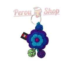 Porte-clé fleur au crochet bleu et fuchsia