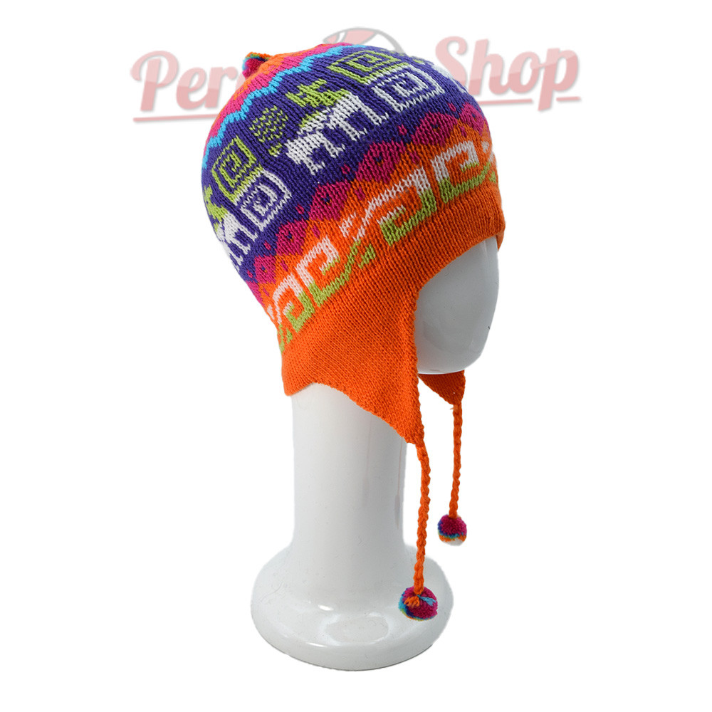 Bonnet péruvien coloré orange et violet avec motifs Andins