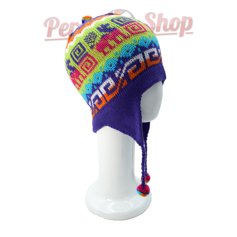 Bonnet péruvien coloré violet et vert avec motifs Andins