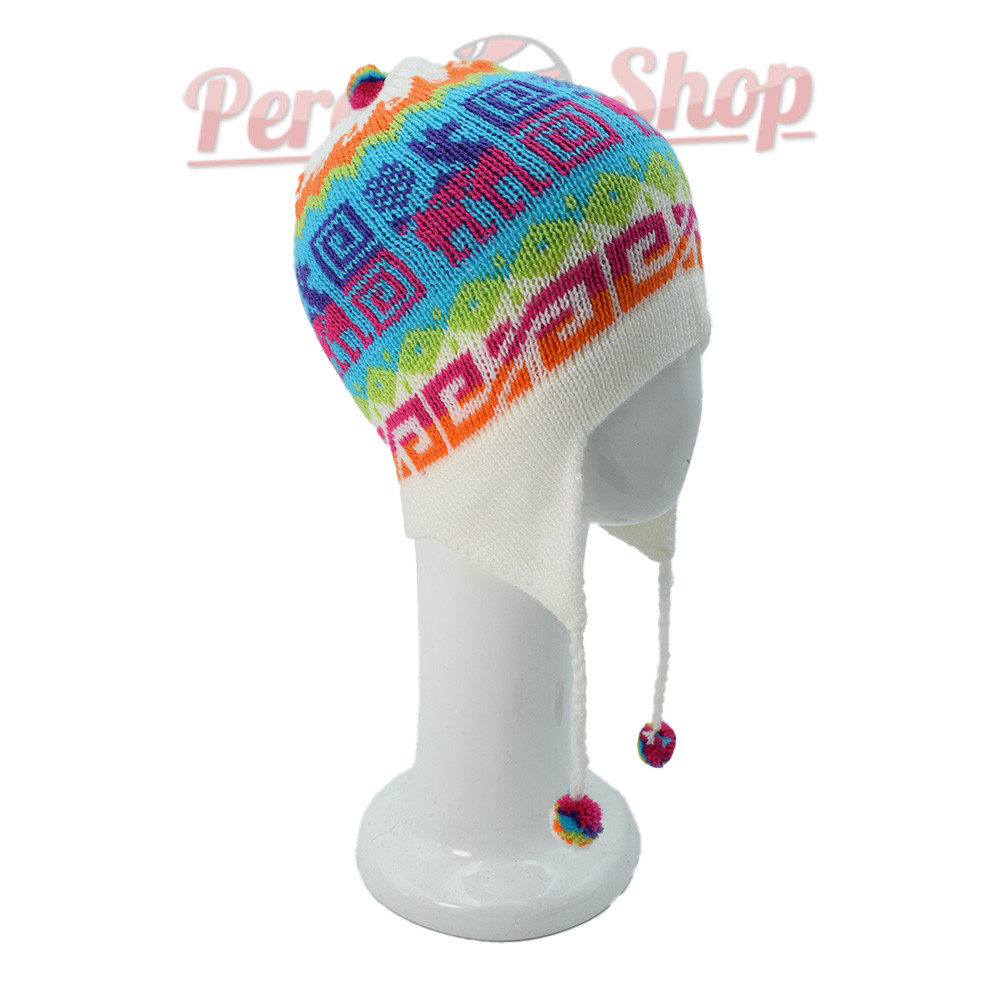 Bonnet péruvien coloré blanc et cyan