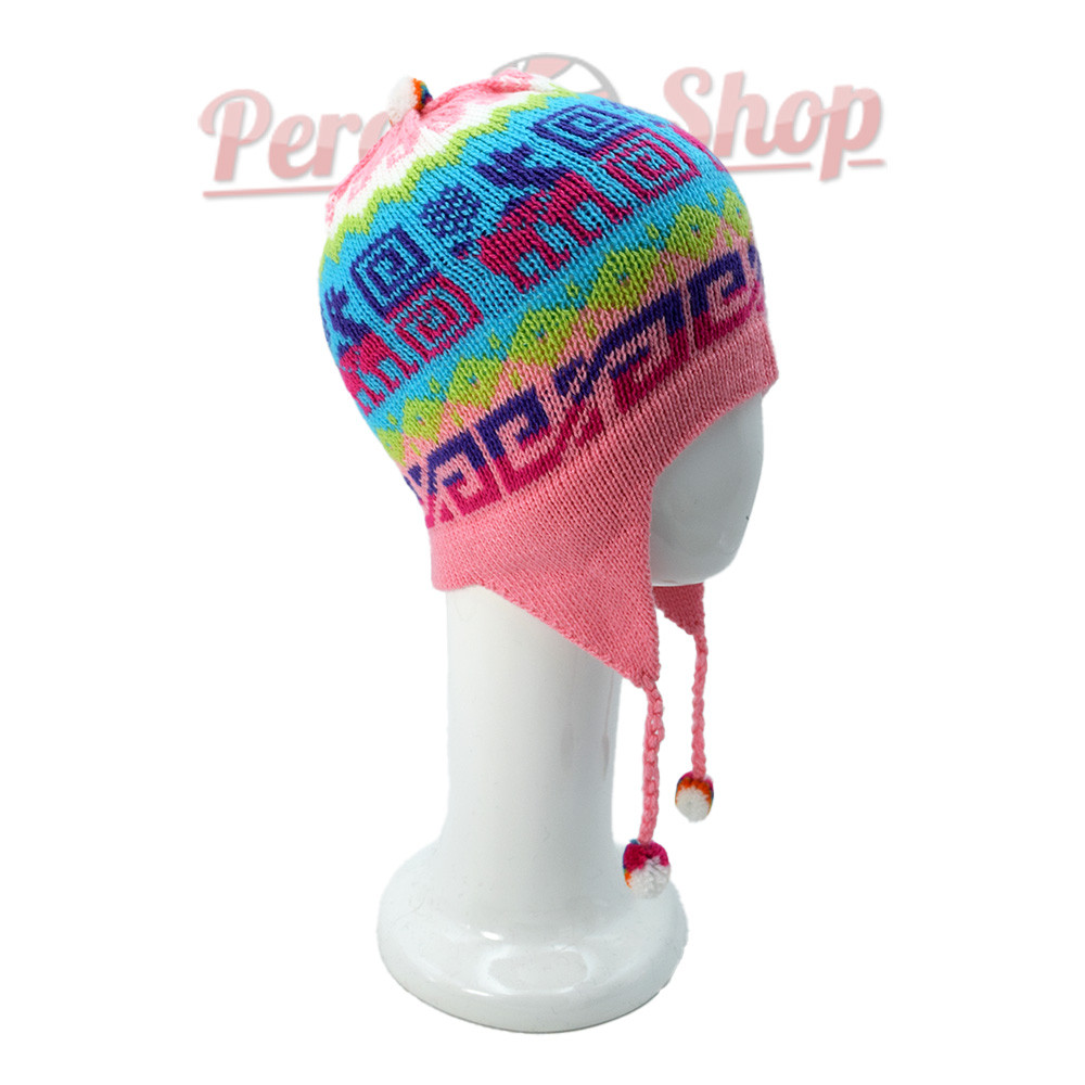 Bonnet péruvien coloré rose et cyan