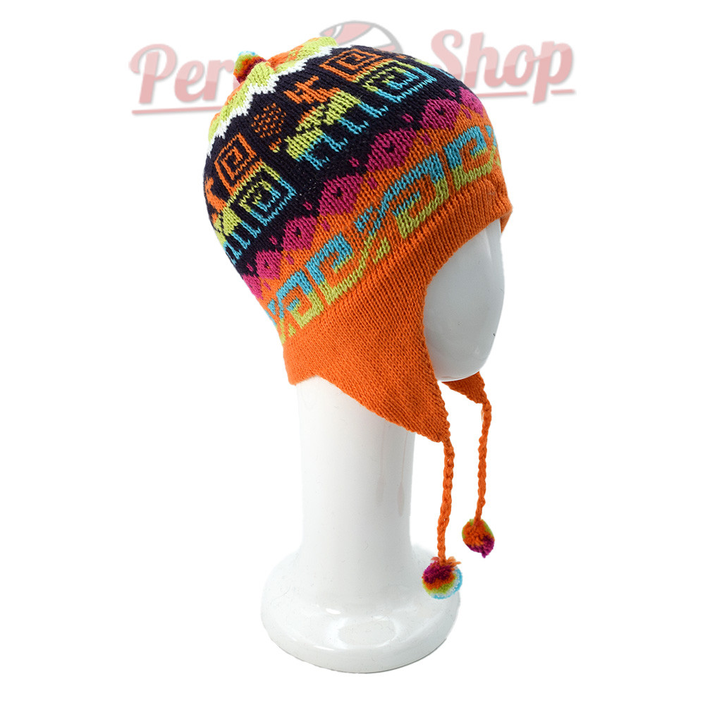 Bonnet péruvien coloré orange aux motifs andins