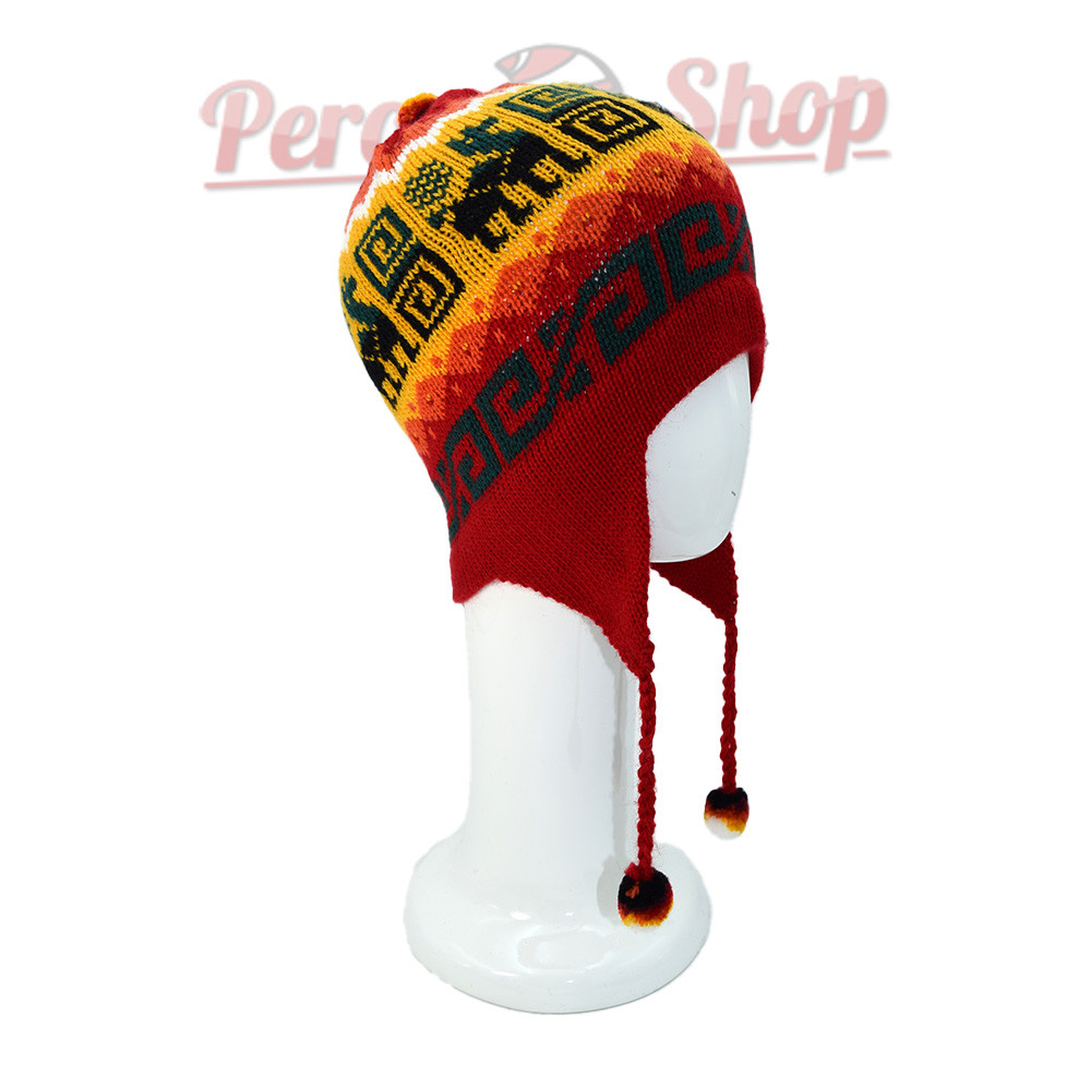 Bonnet péruvien couleur rouge et jaune