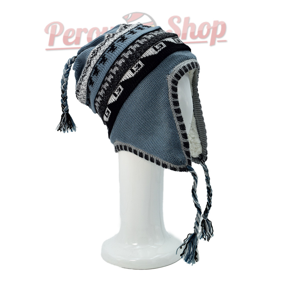 Bonnet péruvien couleur bleu gris avec doublure mouton