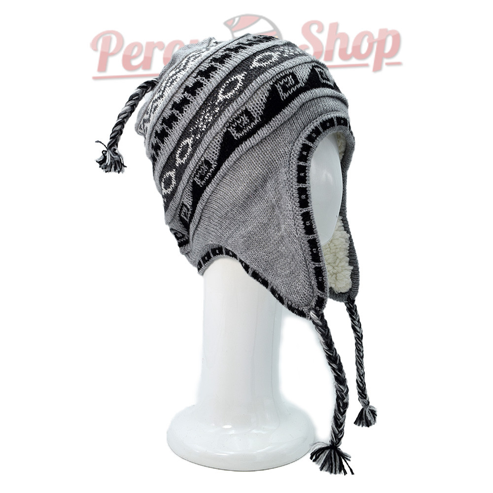 Bonnet péruvien en laine d'alpaga couleur gris avec doublure polaire