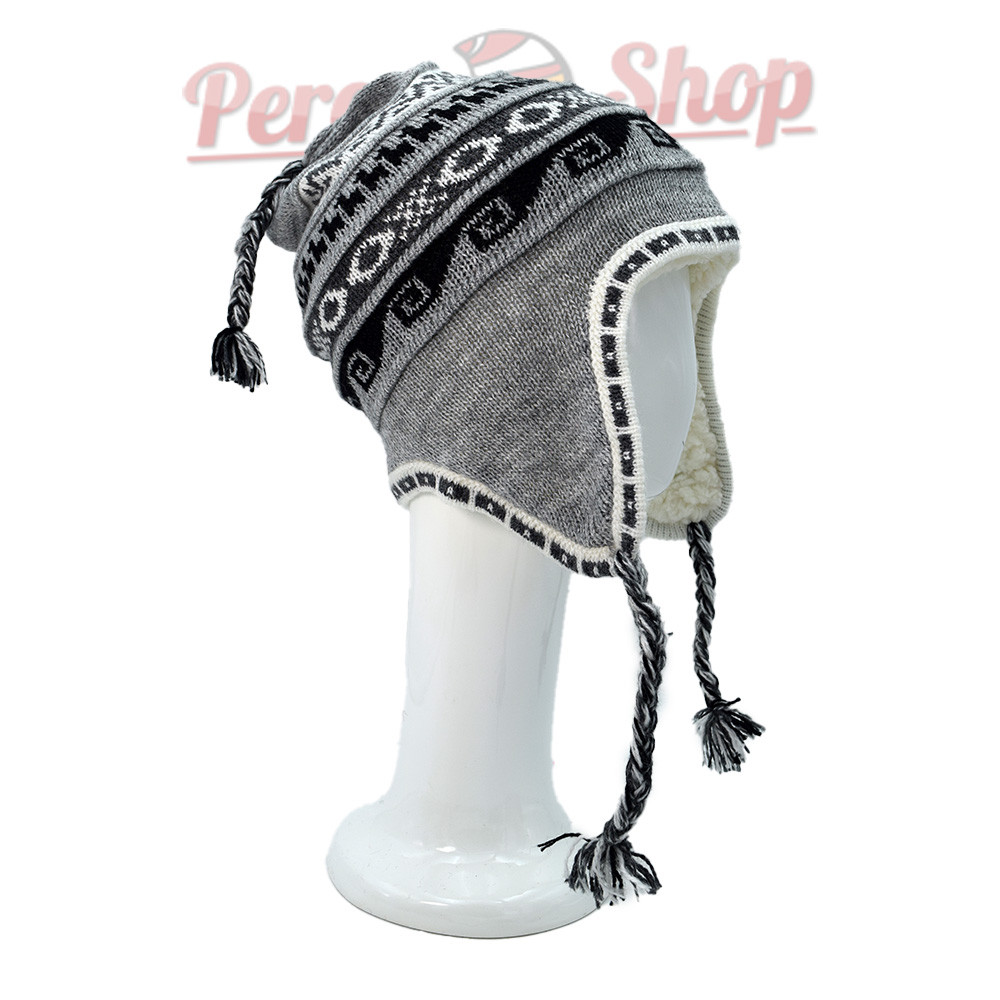Bonnet péruvien couleur gris avec doublure polaire mouton