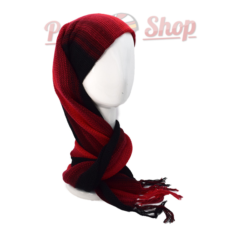 Bonnet écharpe femme, couleur rouge et noir
