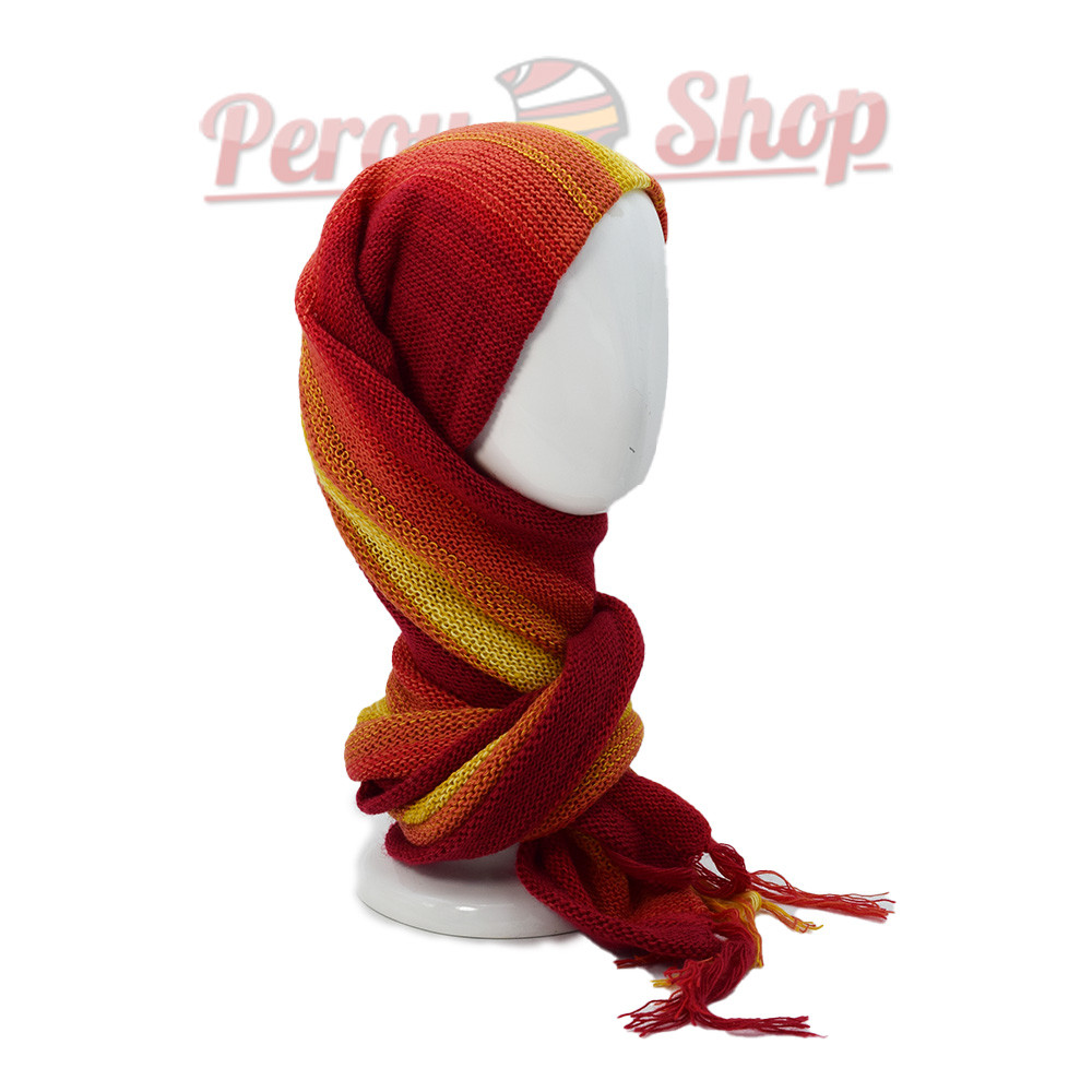 Bonnet écharpe femme, couleur en dégradé de rouge et jaune