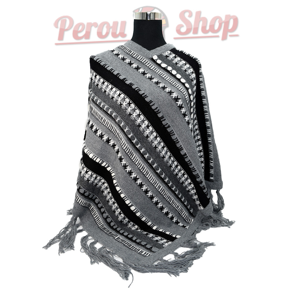 Poncho péruvien en laine naturelle avec des franges, couleur gris