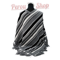Poncho péruvien en laine naturelle avec des franges, couleur gris