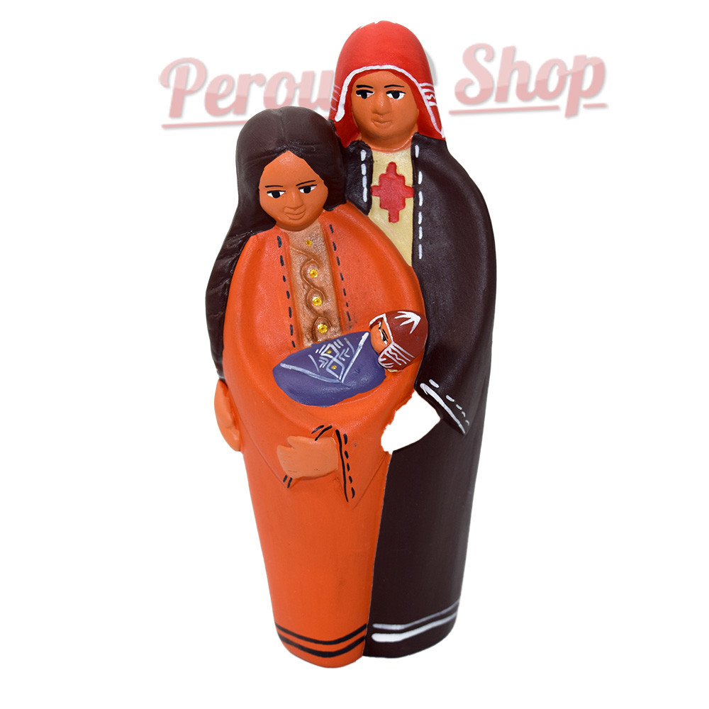 Crèche péruvienne en terre cuite, Marie, Joseph et Jésus