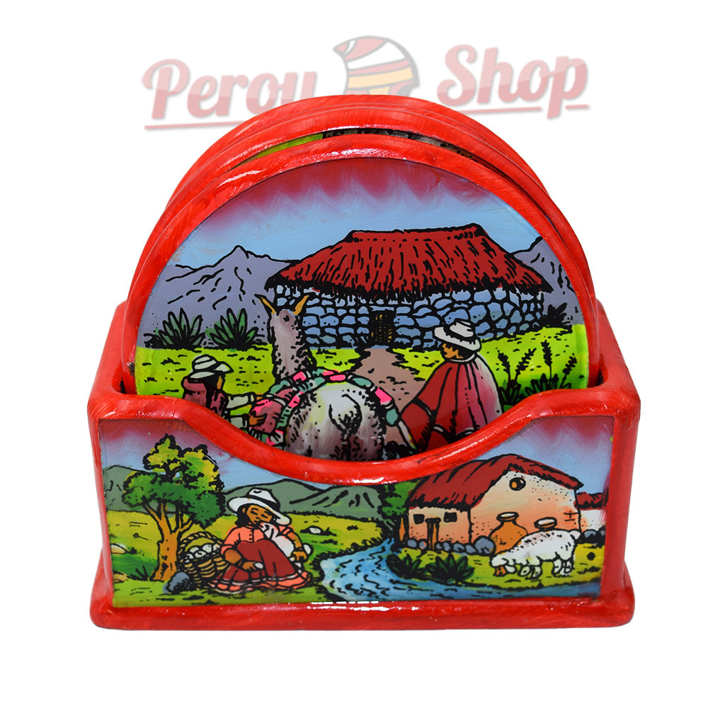 Dessous de verre en bois et verre couleur rouge